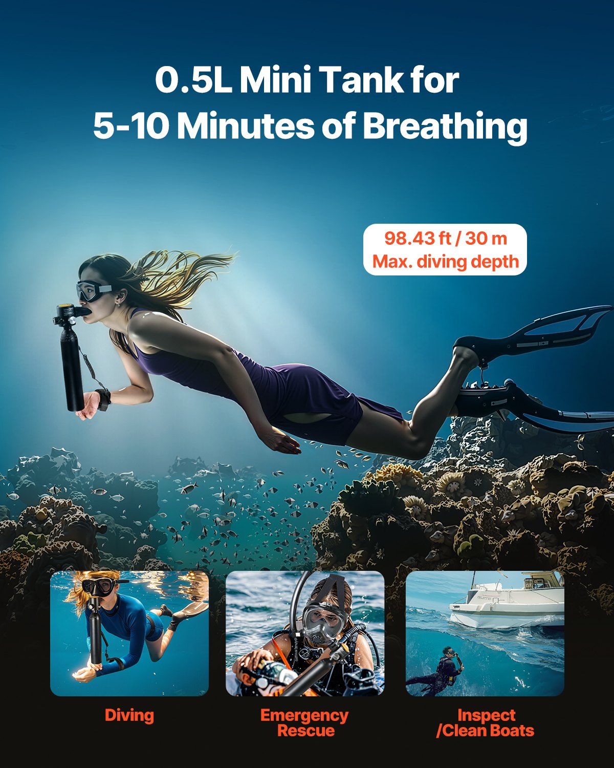 Scuba Tank, 0.5L Portable Diving Tank, Diving Oxygen Cylinder Support