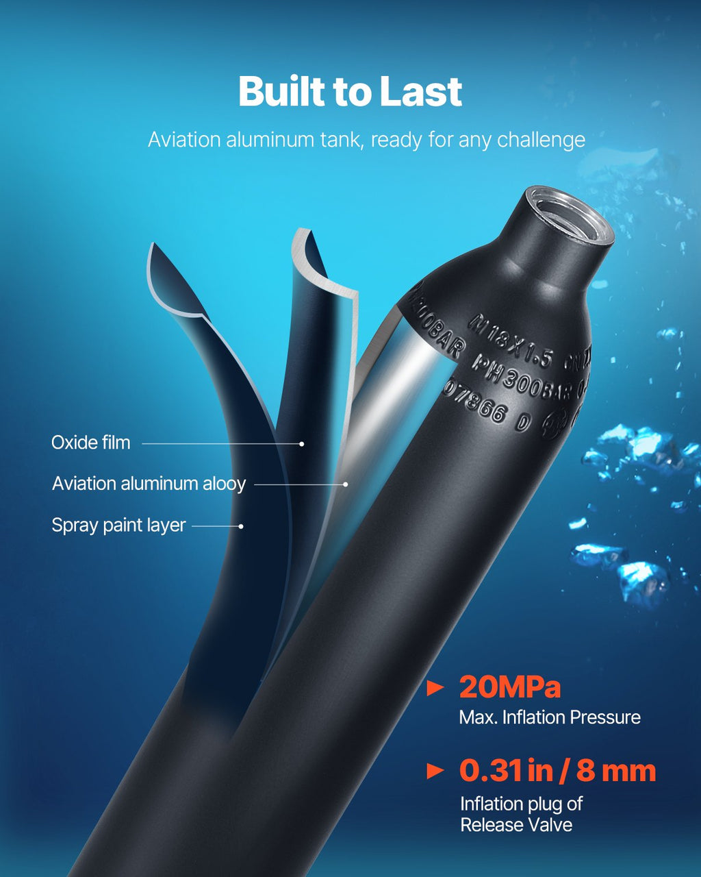 Scuba Tank, 0.5L Portable Diving Tank, Diving Oxygen Cylinder Support