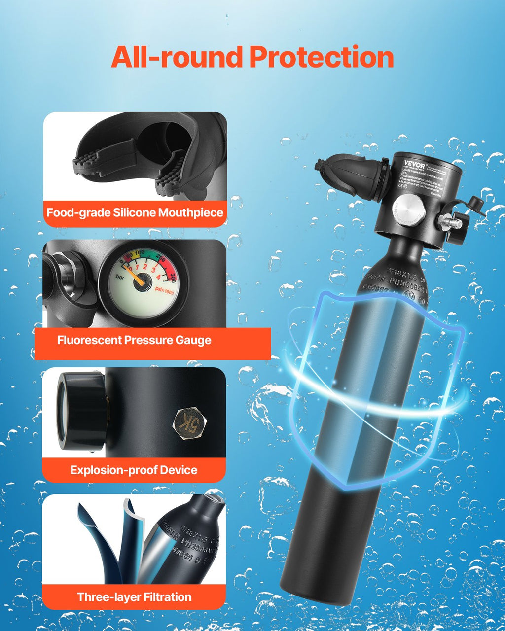 Scuba Tank, 0.5L Portable Diving Tank, Diving Oxygen Cylinder Support